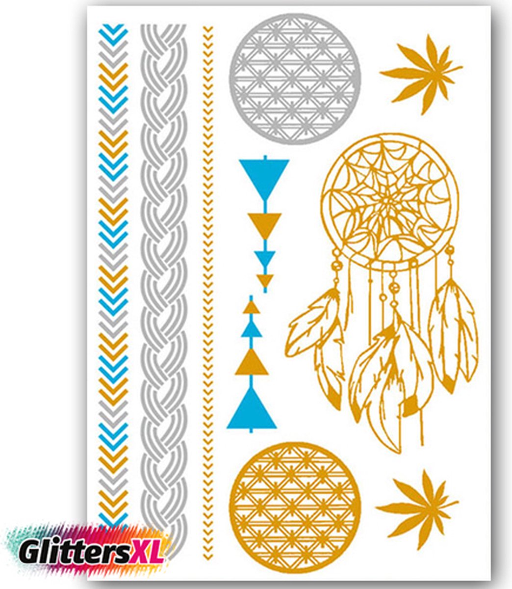 GlittersXL - Temporary Tattoo Goud/Gold (11x6cm) [Neptattoo Ibiza Turquoise - Tijdelijke tatoeage - Nep Fake Tattoos - Water overdraagbare festival sticker henna outfit tattoo - Glitter tattoo - Volwassenen Kinderen Jongen Meisje]